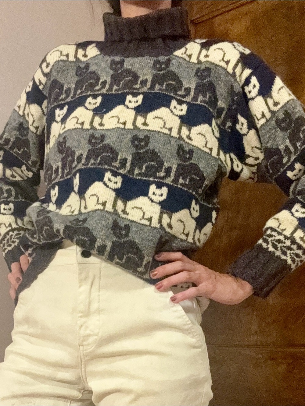 Judith Glue PURE SCOTTISH WOOL Ca Motif Turtleneck Sweater in Navy, Gray & Cream